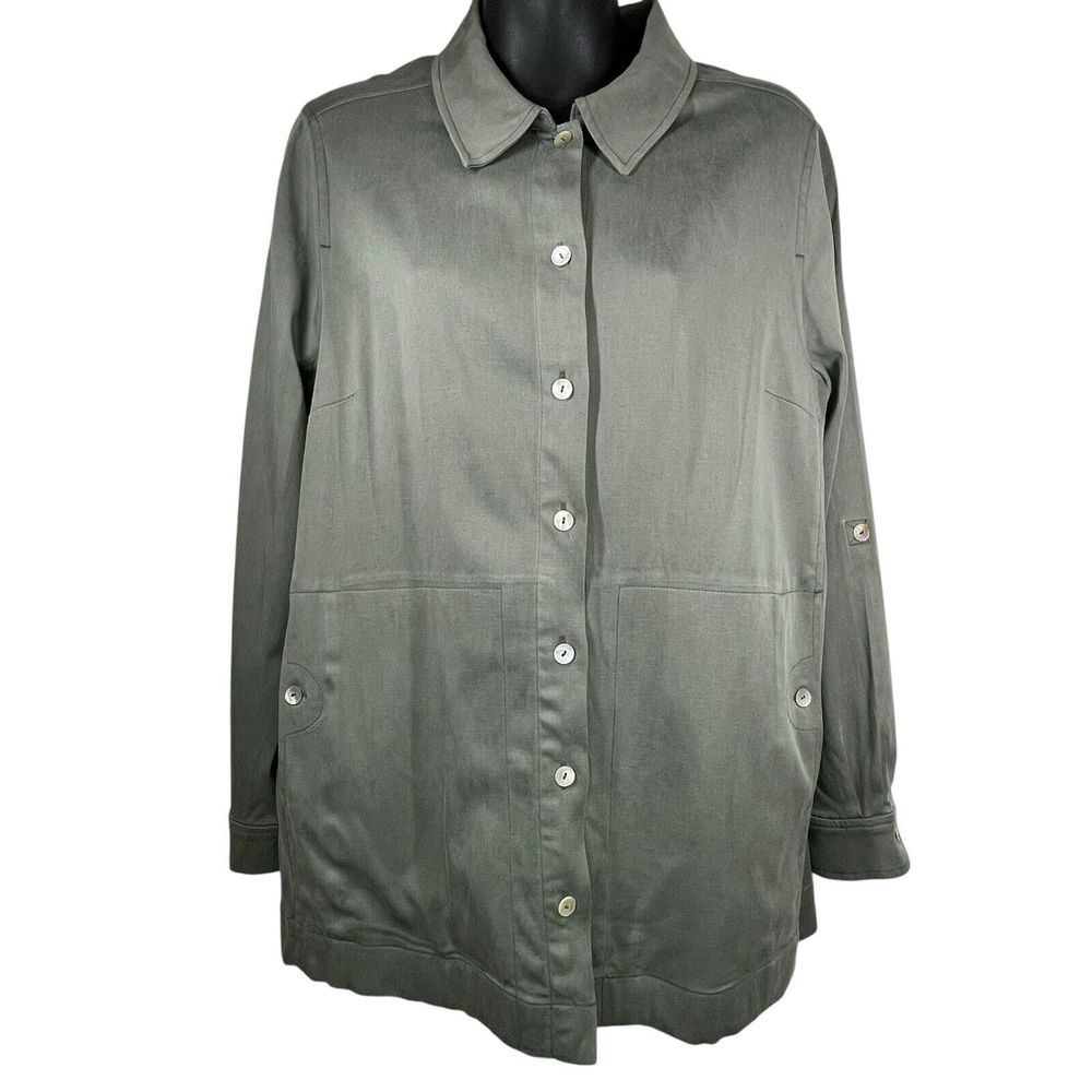 Soft Surroundings Womens Tunic Top Thelma Tencel Roll Tab Sleeve Olive Size S
